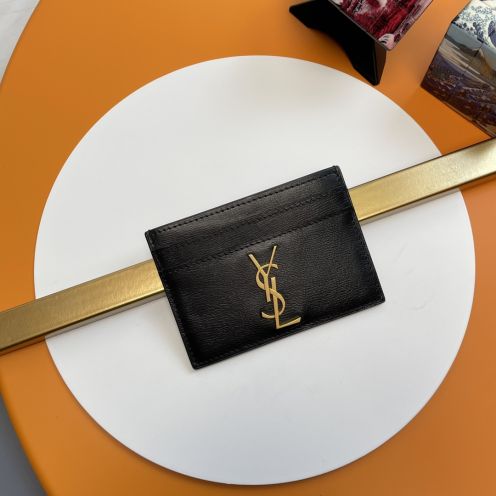 YSLサンローラン サック偽物 牛革 カードケース ゴールドロゴ レザー財布ブラック