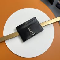 YSLサンローラン シンガポールｎ級品 牛革 カードケース シルバーロゴ レザー財布 ブラック