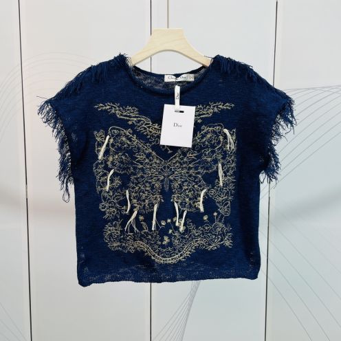 ディオールの世界スーパーコピー  短袖 コットン 柔らかい 蝶の刺繍セーター ベストフリンジ ファッション ブルー