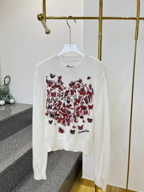 ディオールトップスコピー シャツ 長袖 コットン 純綿 柔らかい 蝶の刺繍入りニットセーター ホワイト