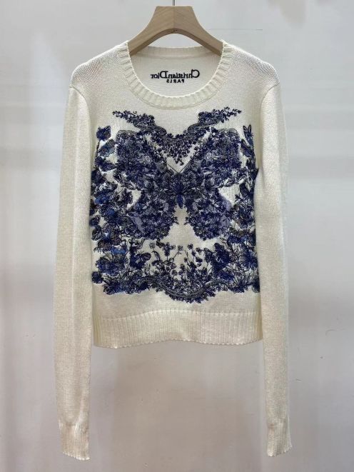 ディオール非売品コピー シャツ 長袖 コットン 柔らかい 蝶の刺繍セーター ファッション ホワイト
