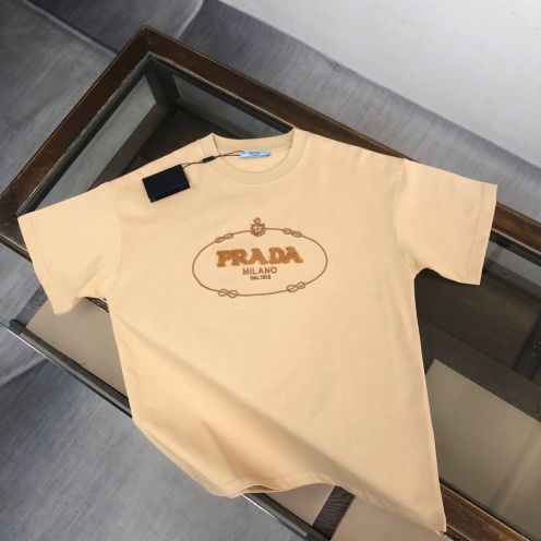 プラダPRADA限定スーパーコピー半袖Tシャツコットンカーキ柔らかい花柄ロゴ