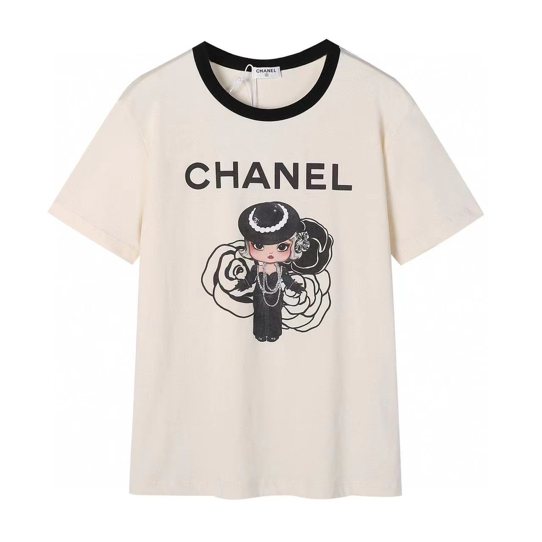 chanel シャネルトップス偽物 シャツ 柔らかい シンプル 純綿 短袖 アニメプリント ホワイト  _1