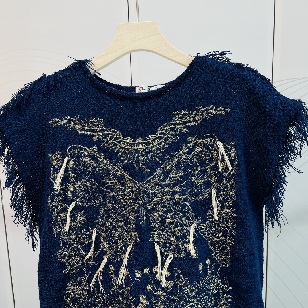 ディオールの世界スーパーコピー  短袖 コットン 柔らかい 蝶の刺繍セーター ベストフリンジ ファッション ブルー_3
