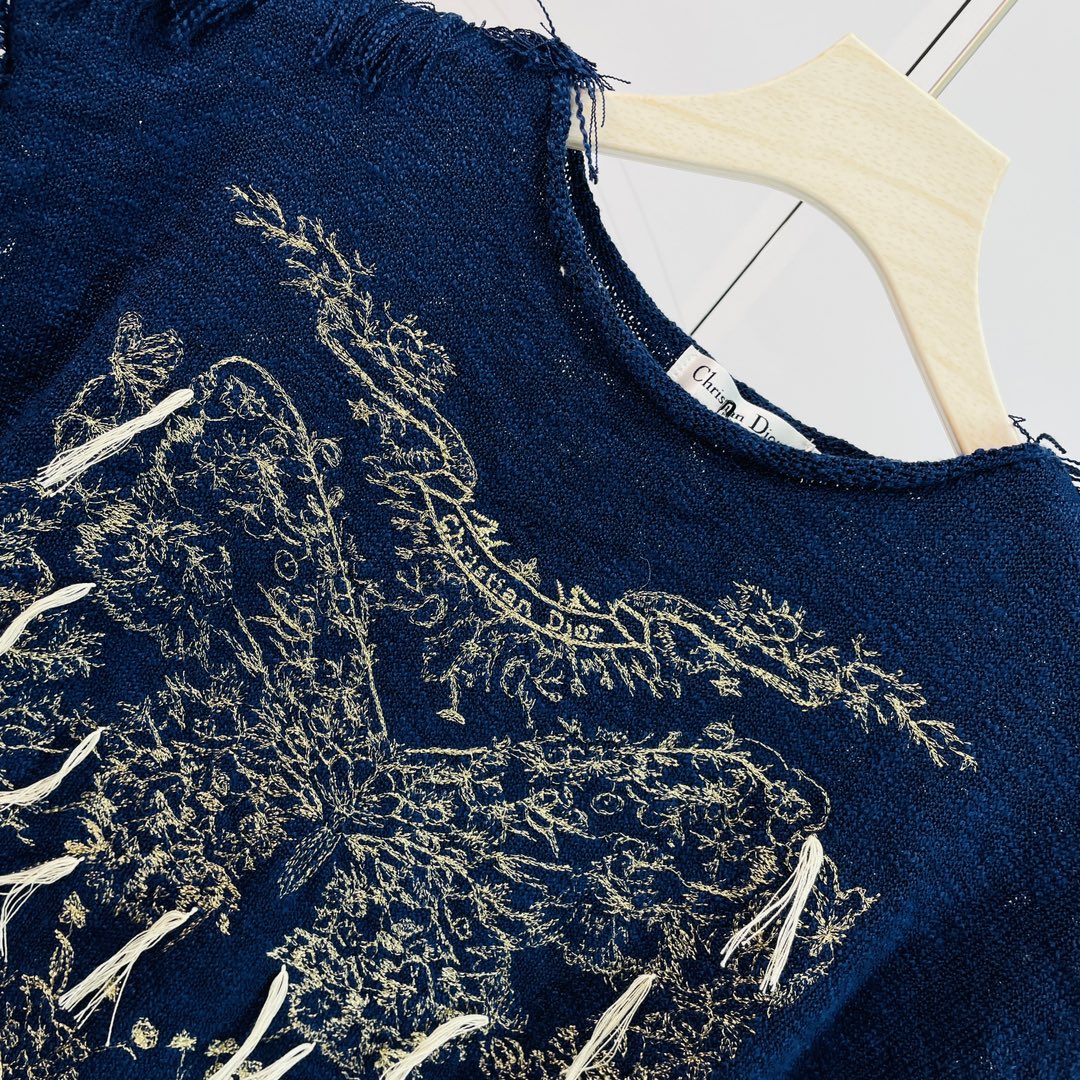 ディオールの世界スーパーコピー  短袖 コットン 柔らかい 蝶の刺繍セーター ベストフリンジ ファッション ブルー_7