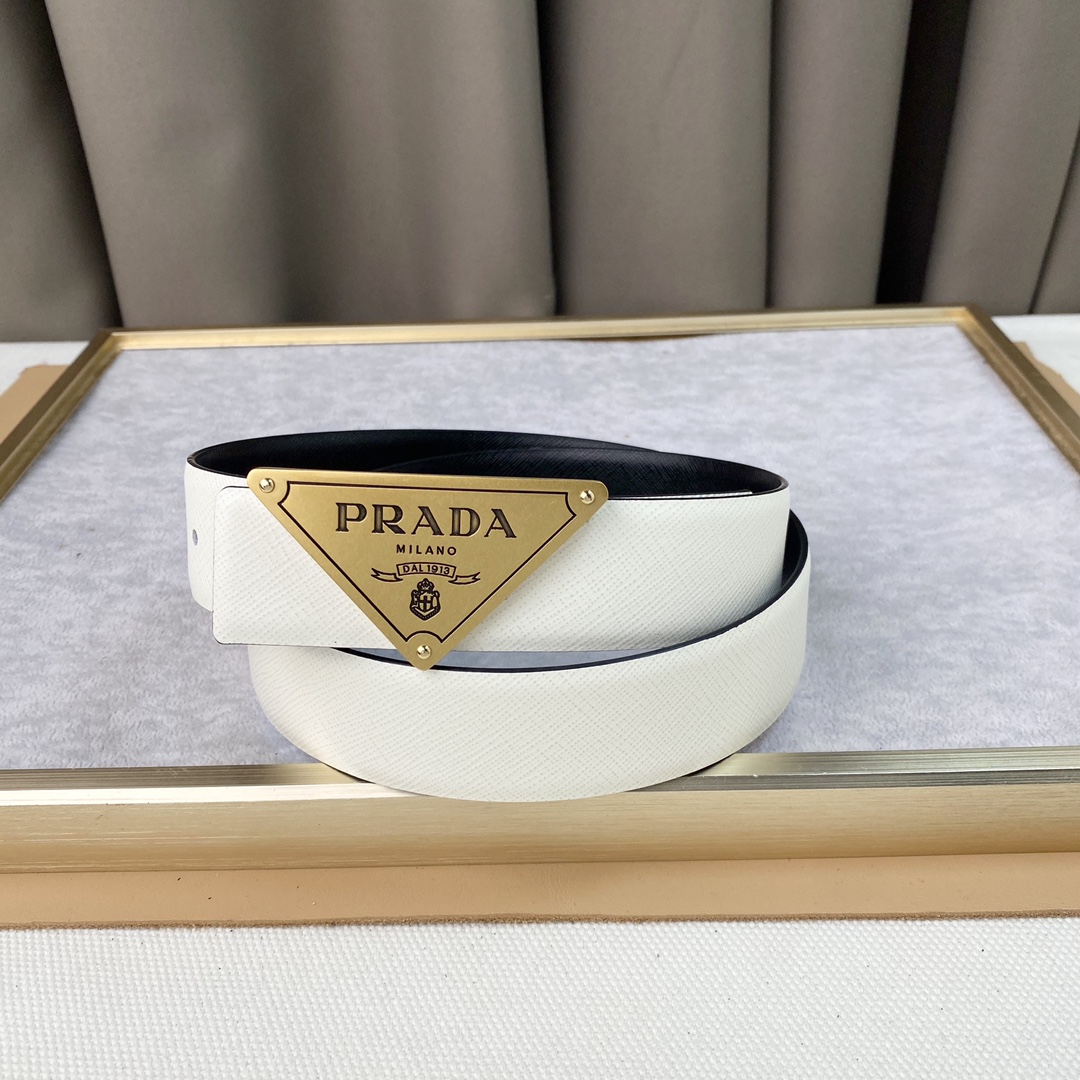 prada ベルト アウトレット偽物 メンズ ビジネス 紳士 レザー ゴールドバックル ブラックとホワイト両面兼用_1