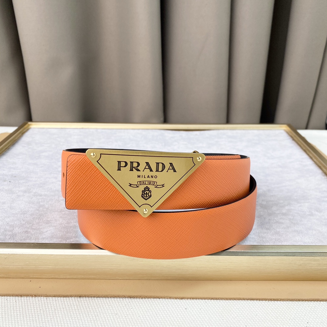 prada メンズ ベルト激安通販 メンズ ビジネス 紳士 レザー ゴールドバックル ブラックとオレンジ両面兼用_2