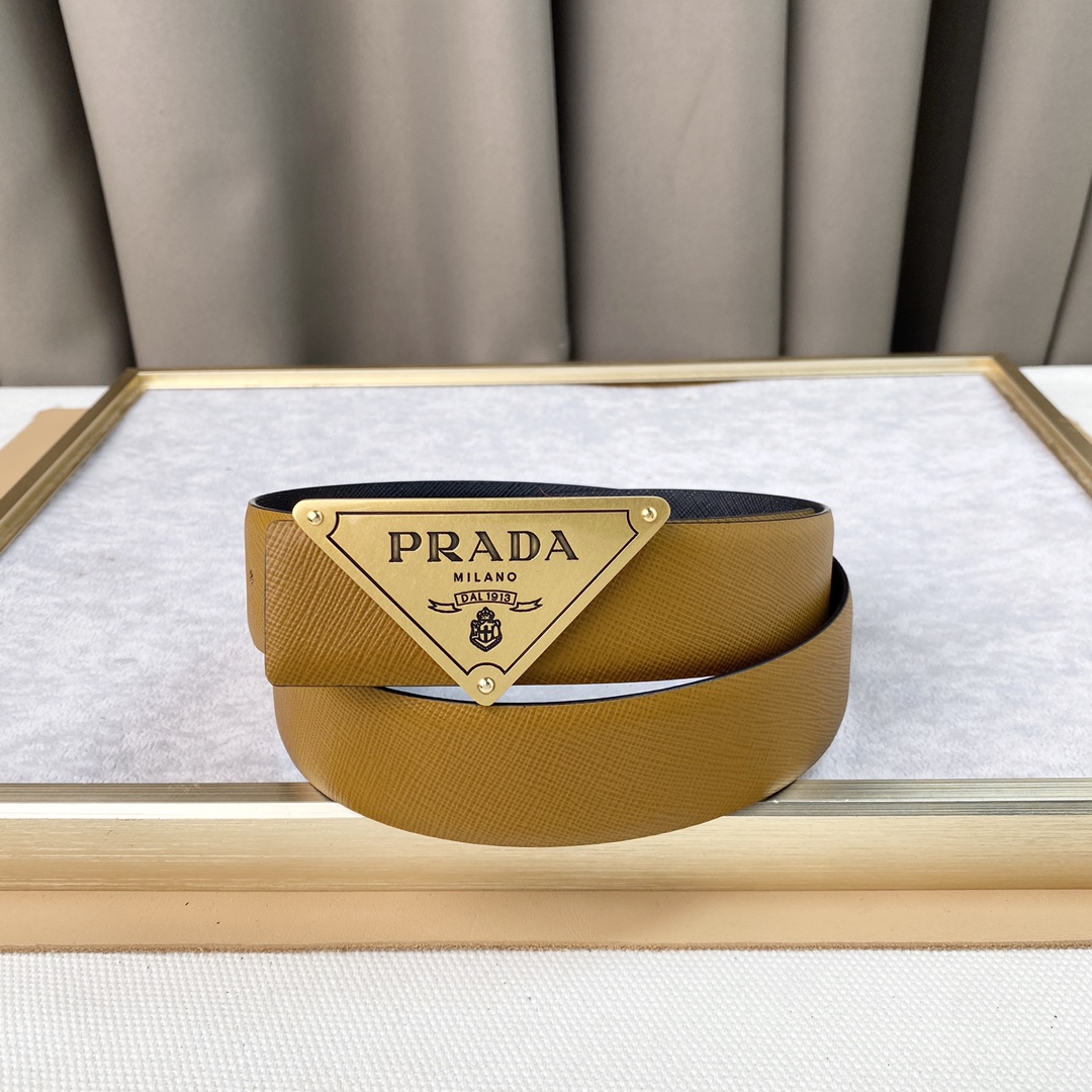 プラダ ショルダー バッグ ベルトｎ級品 メンズ ビジネス 紳士 レザー ゴールドバックル ブラックとイエロー両面兼用_3